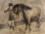 tableau représentant une femme et un cheval dans une écurie, près d'une clôture