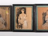 three framed pictures of a woman sitting on a chair and a man sitting on a chair