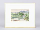 une aquarelle représentant une rivière avec un bateau dessus