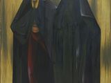 un tableau représentant deux femmes vêtues de robes noires, debout l'une à côté de l'autre