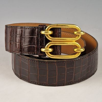 brown alligator skin belt with gold buckle