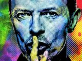painting of a man with a finger on his lips in front of a multicolored background