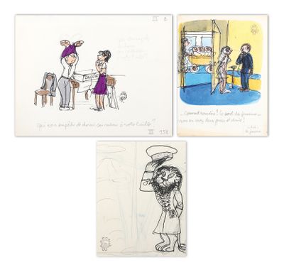 three drawings of a man and a woman are shown in three different ways