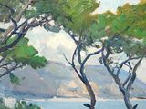 a painting of some trees near a body of water