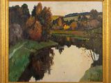 l'image d'une peinture représentant une rivière avec des arbres en arrière-plan