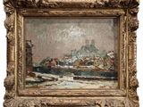 une peinture à l'huile représentant un paysage enneigé avec un château en arrière-plan