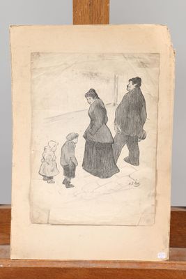 un vieux dessin représentant une famille se promenant dans la neige avec un enfant