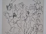 a black and white drawing of a group of people playing music
