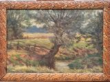 an oil painting of a landscape with a river and a bridge