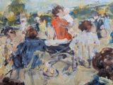a painting of a group of people sitting at a table