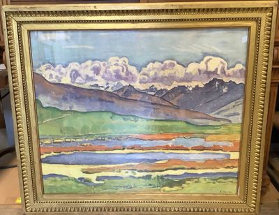 une peinture à l'huile d'un paysage avec des montagnes en arrière-plan
