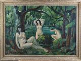un tableau représentant trois nus dans un environnement boisé