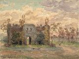 an image of a painting of an old building in a field