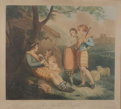 a painting of a group of children playing with a dog