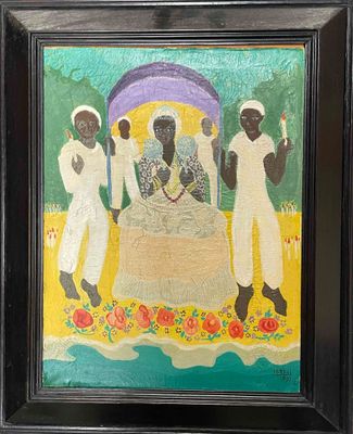 painting of a group of people standing around a table in a field