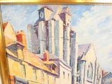 a painting of a city street with a clock tower in the background