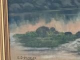 an image of a painting of a landscape with a river in the foreground and trees in the background