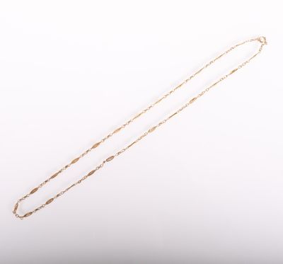 a gold necklace with a long chain on a white background