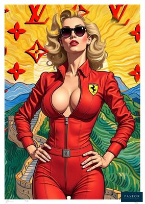 un tableau représentant une femme en tailleur rouge et portant des lunettes de soleil