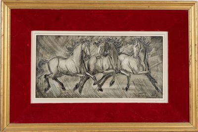 tableau représentant trois chevaux au galop sous la pluie, dans un cadre rouge