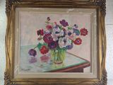 a painting of flowers in a vase on a table