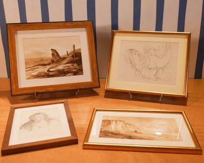 trois photos encadrées représentant des oiseaux, posées sur une table près d'un mur rayé