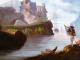 a painting of a group of people on a cliff by the water
