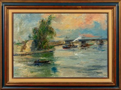 une peinture à l'huile représentant une scène fluviale avec des bateaux sur l'eau