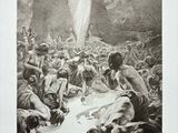 an old black and white drawing of a man standing in front of a crowd of people