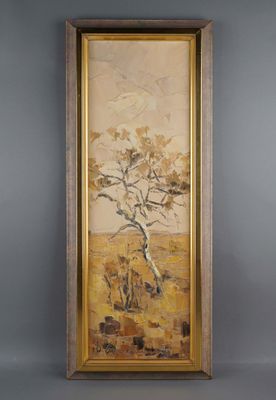 a painting of a tree in a field with a sky in the background