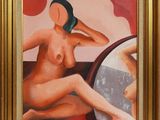 une peinture à l'huile représentant une femme nue assise devant un miroir
