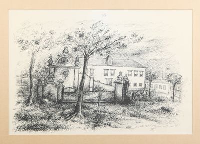 dessin représentant une maison avec un portail et une clôture devant
