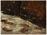 an oil painting of a snowy landscape with trees and rocks