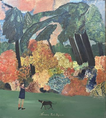 tableau représentant une femme et un chien dans un parc bordé d'arbres