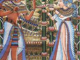 an egyptian painting of a man and a woman holding a fan