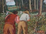 tableau représentant deux hommes travaillant dans un champ, avec des arbres en arrière-plan