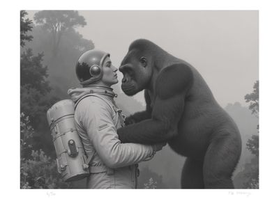photographie en noir et blanc d'un homme en combinaison spatiale embrassant un gorille
