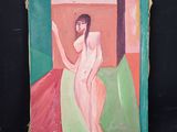 un tableau représentant une femme debout devant une fenêtre