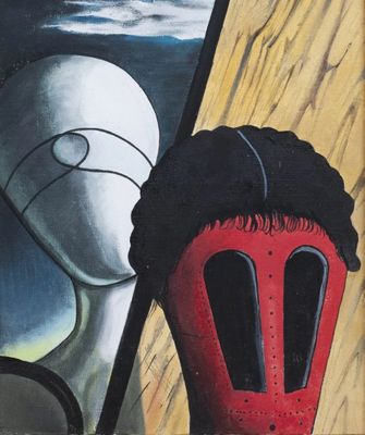 a painting on the wall of a building with a man and a woman