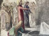 tableau représentant un homme agenouillé par terre devant un groupe de personnes