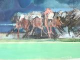un tableau représentant un groupe de chevaux en pleine course sur une piste