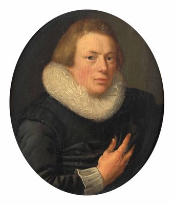 portrait of a man in a black dress with a white ruffle around his neck