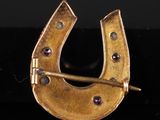 a close up of a gold horseshoe shaped broochle on a black surface