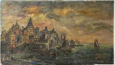 tableau représentant une ville au bord de l'eau avec des bateaux