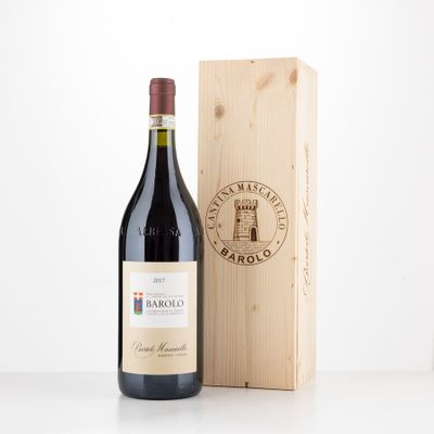 a bottle of red wine next to a wooden box
