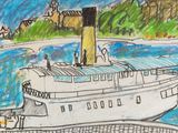 a drawing of a boat in the water with a lighthouse in the background