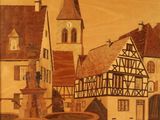 un tableau représentant une ville avec une fontaine en son centre