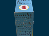 a blue box with a red button on it