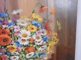 a painting of a vase of flowers on a table