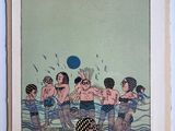 painting of a group of people playing with a frisbee in the water